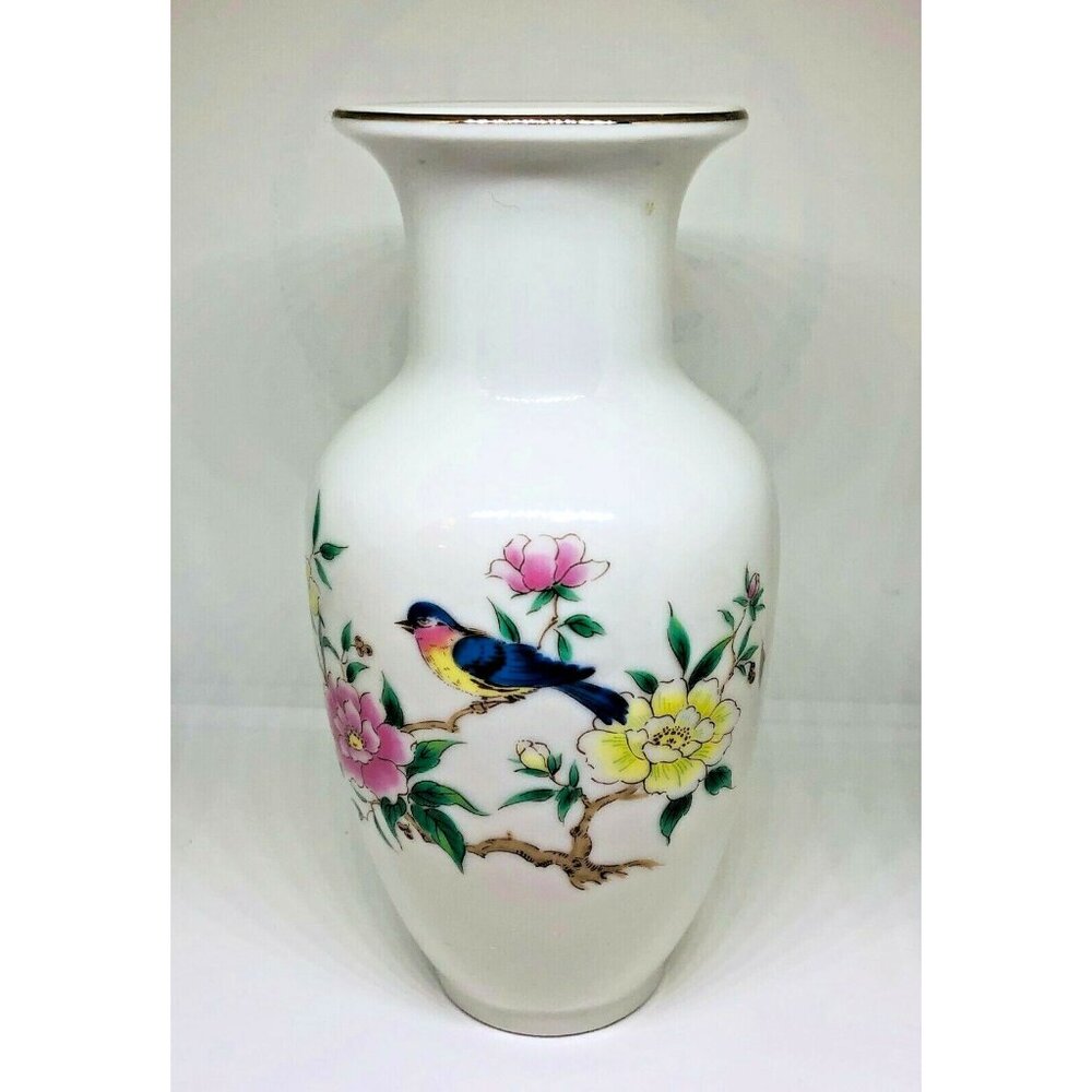 Vintage Otagiri Porcelain Vase 6" Spring Bluebird and Peony Flowers Rare Japan